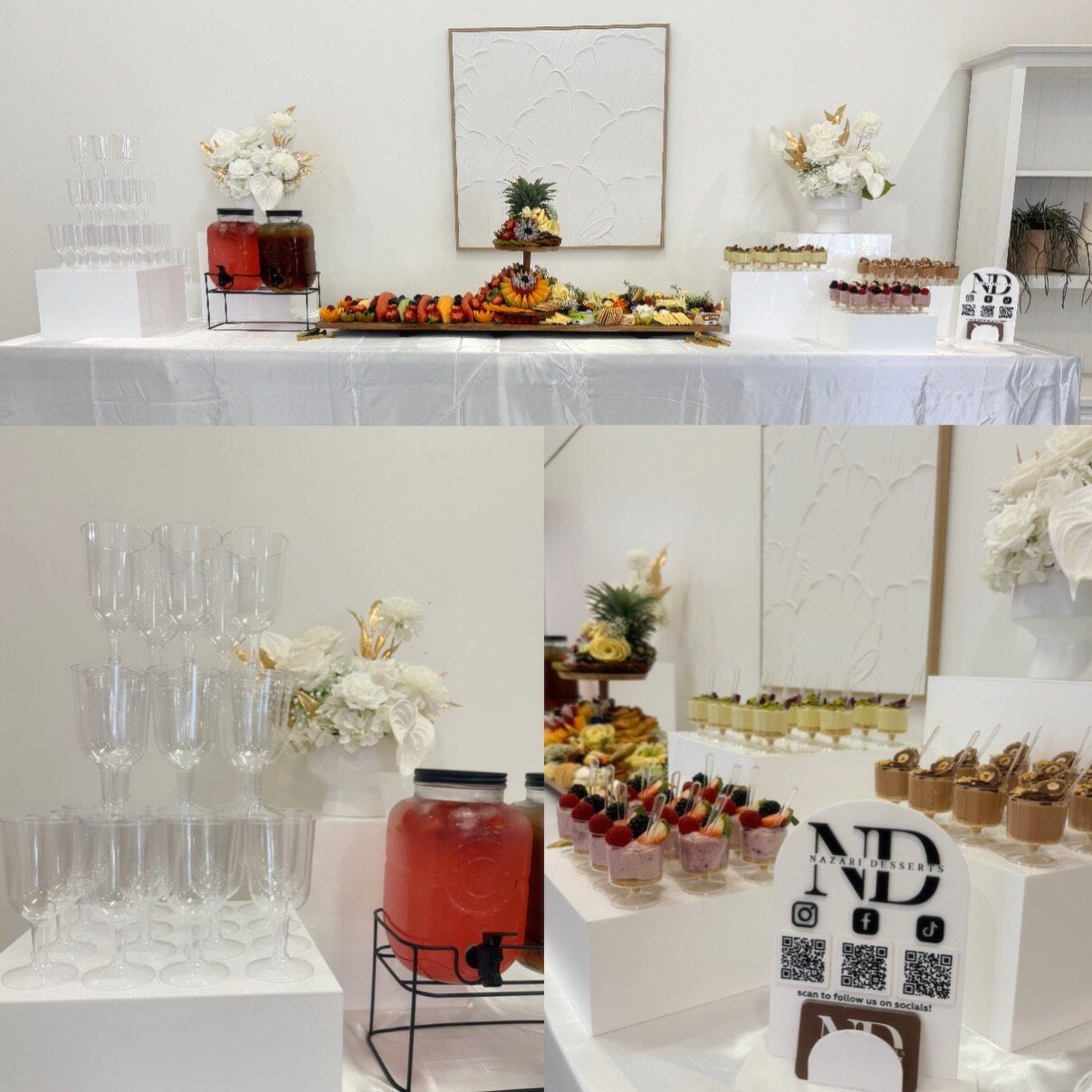 A white bridal shower setup with a grazing board, dessert cups and drink dispensers
