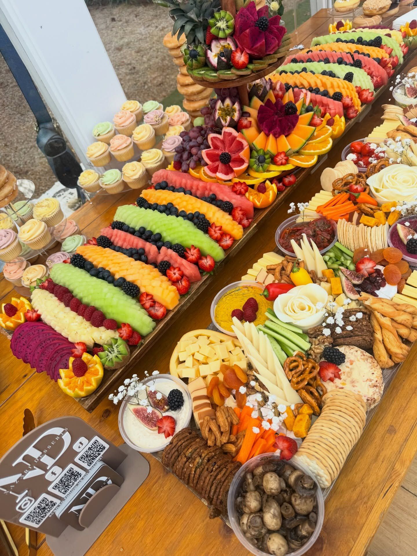 1.4m fruit and cheese boards with a carved tier, styled as one centrepiece
